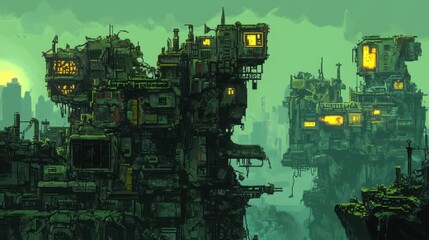 Obraz premium Pixelated cityscape of ruined structures.