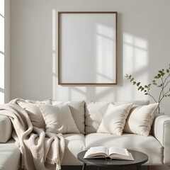 Serene Living Room, Minimalist Decor, Comfortable Sofa. Blank Frame Wall Art, Inviting Space, Natural Light, Relaxing Home, Interior Design, Peaceful Atmosphere, Casual Leisure.