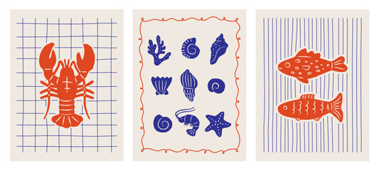 Set of abstract whimsical posters with fish, lobster and sea shells. Trendy beach prints in blue and red colors. La dolce vita coastal design. Vector graphic