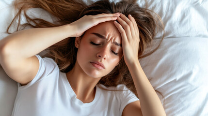 Fototapeta premium Woman lying on her stomach on bed, hands on her forehead, struggling to fall asleep. 