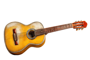 PNG Vintage acoustic guitar with worn body and six strings on black background