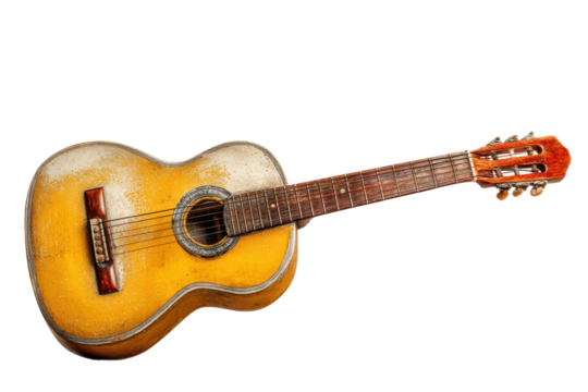 PNG Vintage acoustic guitar with worn body and six strings on black background