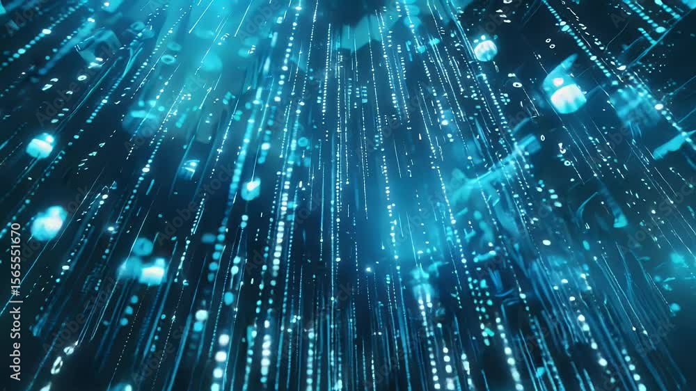 Poster abstract animation of flowing data streams in shades of blue and white forming vertical lines creati
