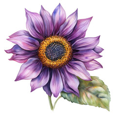 A watercolor purple sunflower isolated on a transparent background