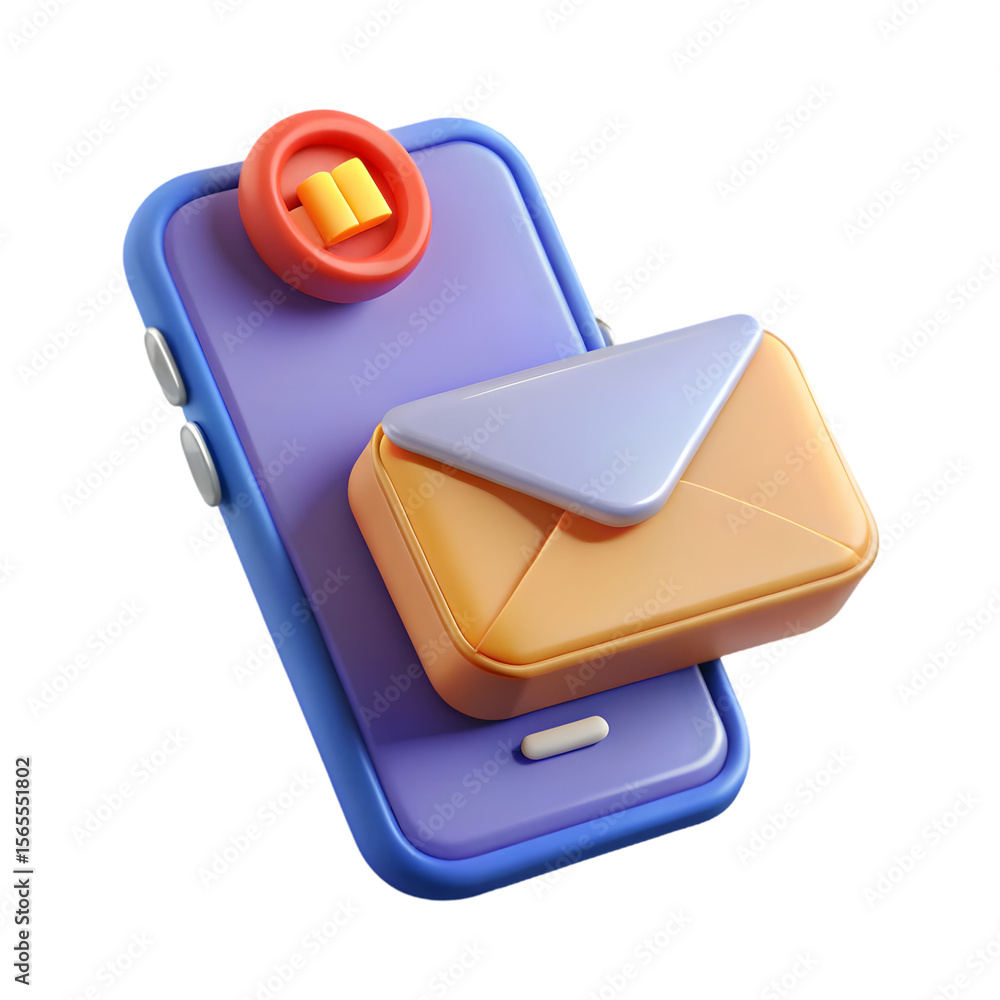 Fototapete a 3d rendering shows a smartphone with a new email notification isolated on transparent background