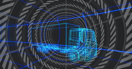 On activation blue wireframe truck advancing through digital tunnel rings visualizing data flow - Powered by Adobe