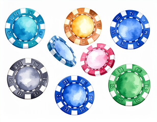 Aquarell Poker Chips &ndash; bunte Casino-Jetons als handgemalte Illustration