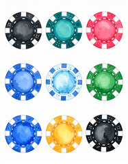 Aquarell Poker Chips &ndash; bunte Casino-Jetons als handgemalte Illustration
