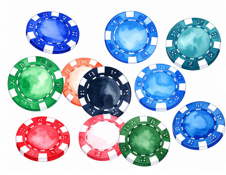 Aquarell Poker Chips &ndash; bunte Casino-Jetons als handgemalte Illustration