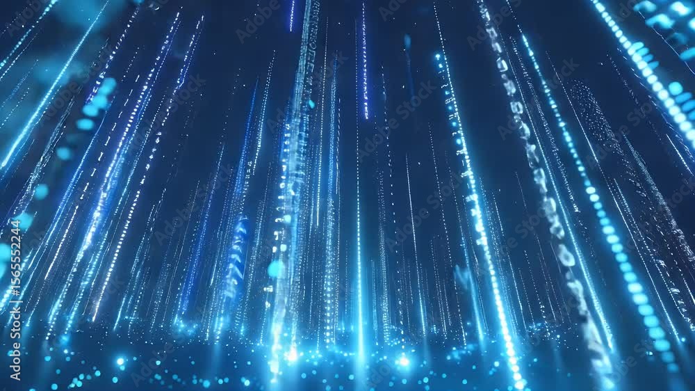 Poster abstract digital data stream with blue binary code falling against a dark blue background creating a