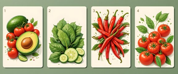 Fresh Produce Art. Vegetable Illustrations Showcase Healthy Food Choices, Including Tomatoes, Chili Peppers, Avocado And Leafy Greens. Vibrant Colors. Delicious Ideas.