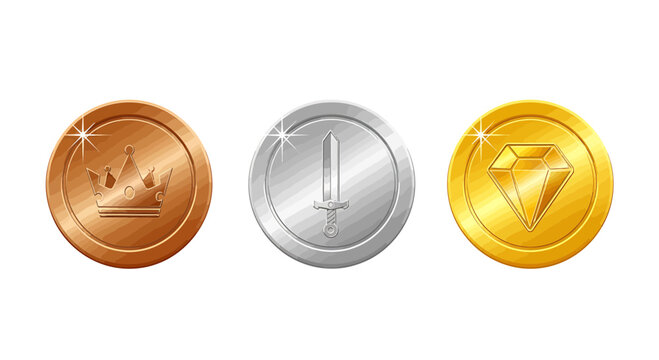 Game coins assets with crown sword and diamond for rpg and strategy games digital currency and rewards design