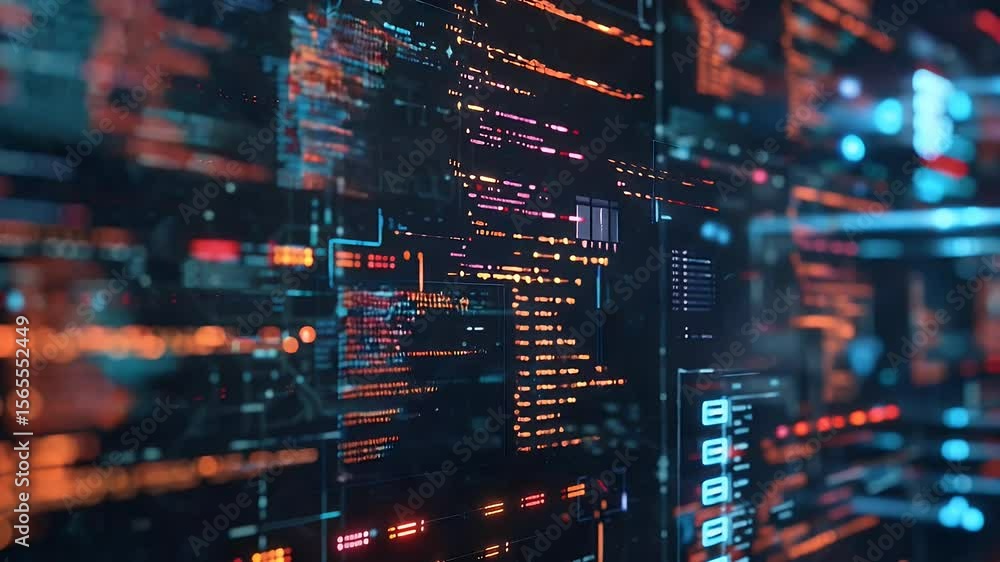 Poster abstract digital data streams move across a dark background illuminated by light in blue and orange.