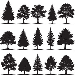 Fototapeta premium Black vector set of nature tree silhouettes including pine, oak, palm, and fir for forest, winter, or Christmas decoration design patterns