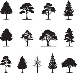 Fototapeta premium Black vector silhouette set of diverse trees including birch, oak, pine, and palm, perfect for nature and forest illustrations