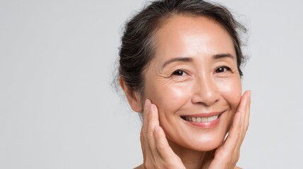 Closeup cut portrait of happy middle aged mature asian woman, senior older 50 year lady looking at camera touching her face isolated on white. Ads of eye lifting anti wrinkle skin care cream., no log