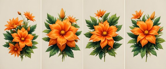 Orange Floral Delight, Vibrant Blooms, Green Leaves, Delicate Petals. Botanical Beauty Abounds, Showcasing Floral Art, Nature's Elegance, A Stunning Flower Arrangement. Captivating Illustrations,