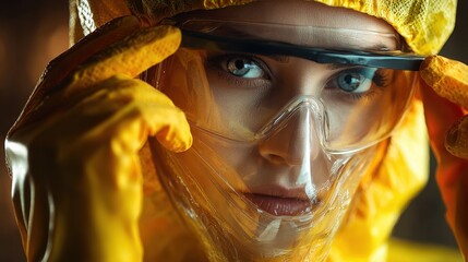 Woman wearing gloves with biohazard chemical protective suit and mask., no logos, no brands