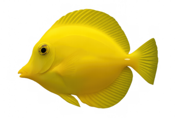 Yellow tang fish gliding, displaying bright coloration and streamlined form against clean white background