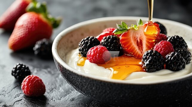 Fresh yogurt parfait with berries and honey drizzle.