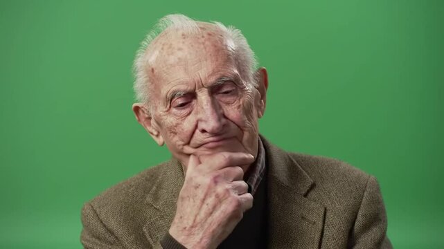 Old man thinking deeply with hand on chin, solid green screen background