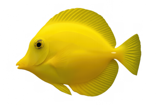 Yellow tang fish gliding, displaying bright coloration and streamlined form against clean white background