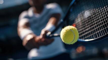 Tennis player reaches for the ball with a racket in his hands during a match