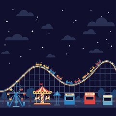 Night carnival scene with illuminated rollercoaster ferris wheel carousel ticket booths against a dark starry sky