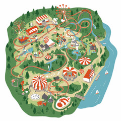 Detailed amusement park aerial view featuring rides buildings and a rollercoaster