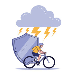 A cyclist sheltered by a shield under lightning