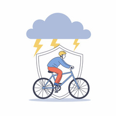A cyclist is protected by a shield from lightning under a storm cloud