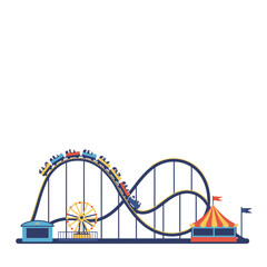 Amusement park scene rollercoaster ferris wheel booth and tent set against a white backdrop