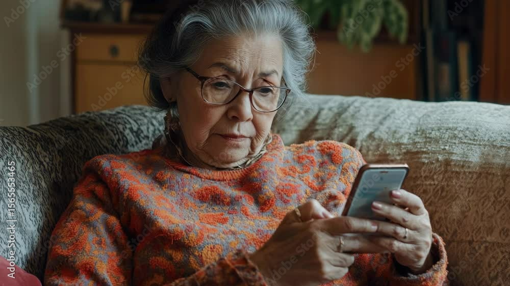 Poster an older lady using a smartphone for communication. she appears to be focused and might be in conver