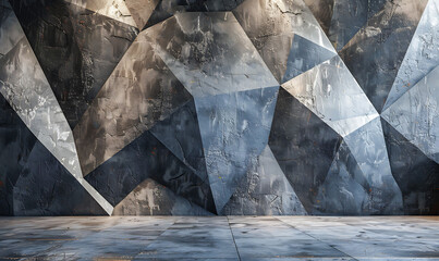 Geometric background with large angular shapes in dark gray, silver, and blue tones of abstract and textured pattern.
