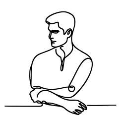 Anticipation — handsome man in elegant theatrical pose: minimalist single-line black drawing. One line art.