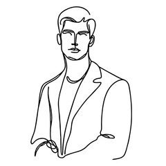 Anticipation — handsome man in elegant theatrical pose: minimalist single-line black drawing. One line art.