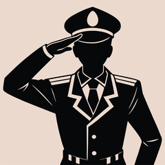 Silhouette of a Police Officer Saluting in Uniform with a Hat on Beige Background