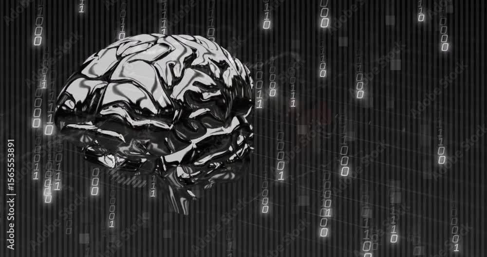 Poster metallic brain model appearing triggers rotating to viewer while swinging back showing binary code