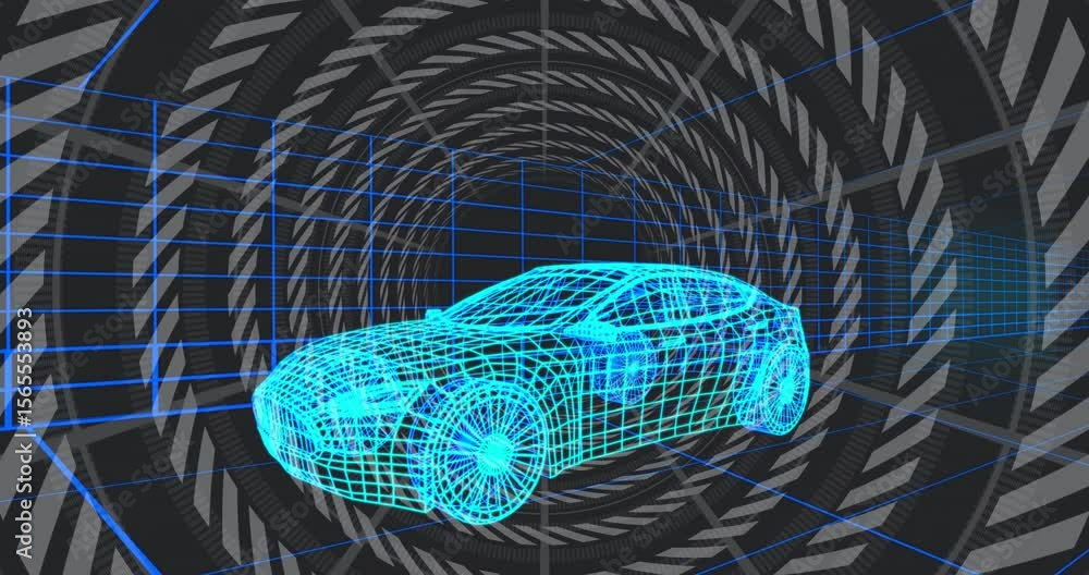 Poster on playback cyan wireframe car in grid tunnel with rotating concentric rings highlighting design