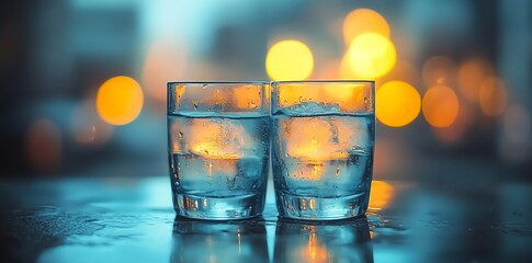 Two glasses of water with ice surrounded by bokeh lights