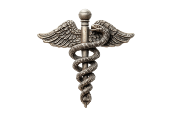 PNG Silver caduceus symbol: medical and healing emblem with twin snakes and wings