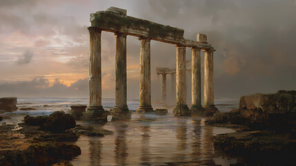 Naklejka premium branding imagery for heritage travel | memory of sacred light | reverence through distance | muted gold with twilight gray | asymmetric divine perspective | ruined columns overtaken by moss |