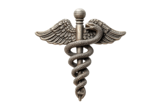 PNG Silver caduceus symbol: medical and healing emblem with twin snakes and wings
