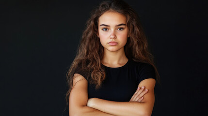 Naklejka premium Young woman with a stern expression crossing her arms in an X shape. 