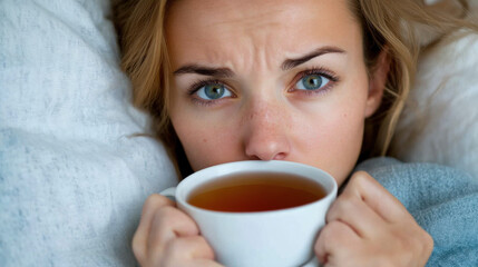 Young woman with a worried face, holding a cup of tea in bed, struggling to sleep. 