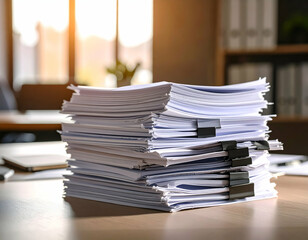 Office paperwork with desk, and sunlight.