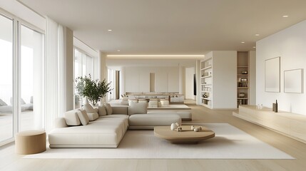 Fototapeta premium Modern and minimalist interior design featuring a spacious living room with neutral tones photo