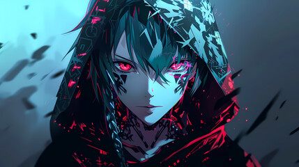 Dark anime character with glowing red eyes. Intense stare, cyberpunk style, digital illustration with neon lighting and fantasy vibes. Anime Wallpaper backgrounds