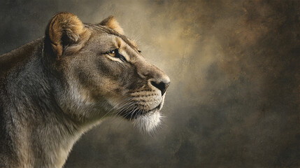 Naklejka premium Artistic depiction of a lioness in profile with a textured background, capturing the essence of strength and grace in wildlife art.