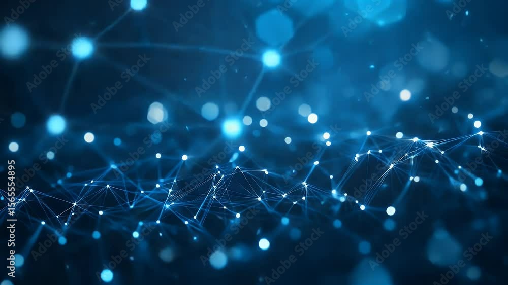 Poster abstract digital network connections with glowing blue lights and interconnected nodes floating agai